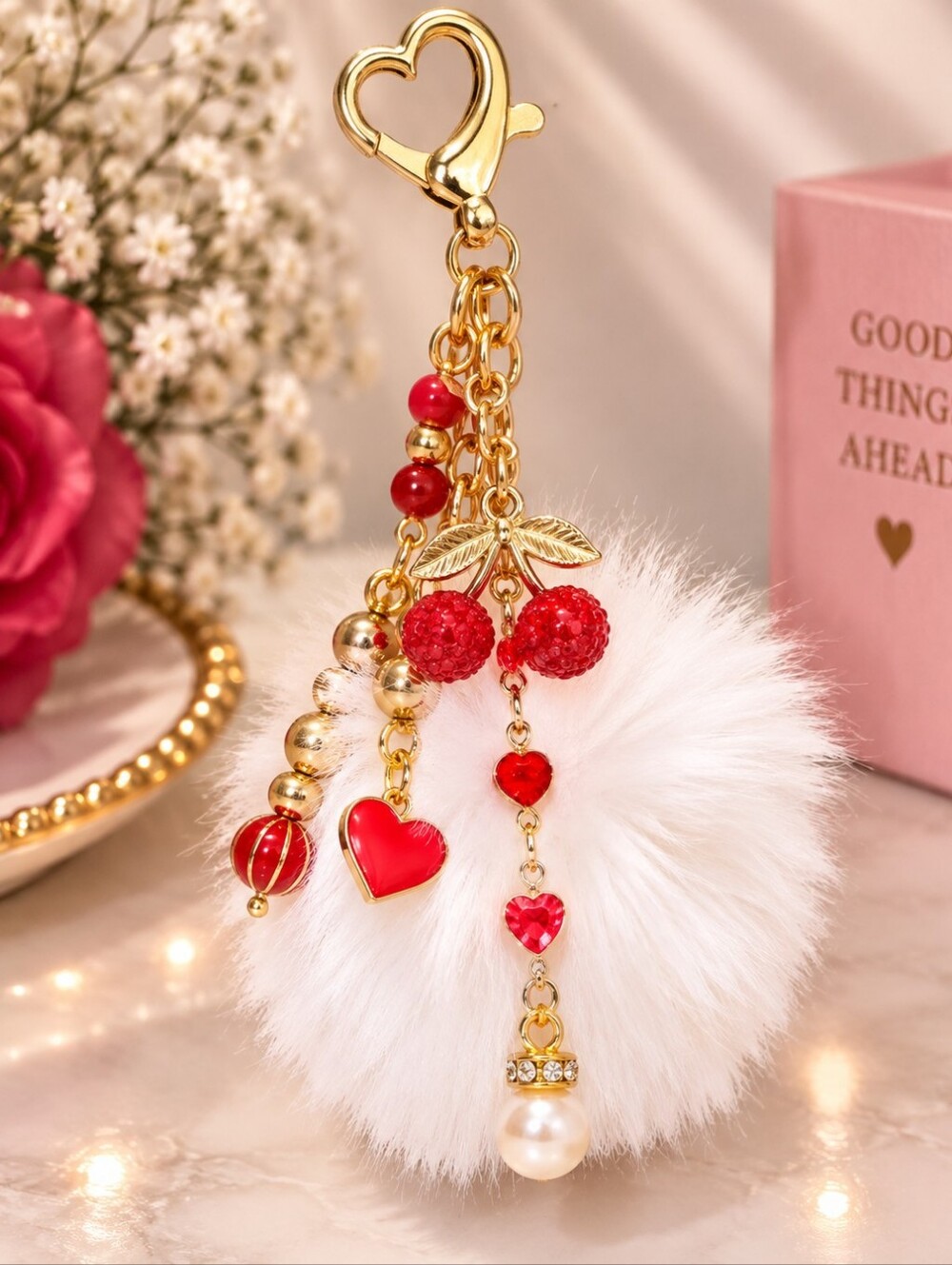 🍒 Cherry Heart Luxe Bag Charm Gold Tone White Pom Keychain